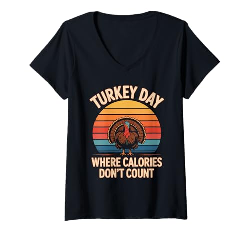 Damen Türkei Tag wo Kalorien nicht zählen Retro Bird Truthahn T-Shirt mit V-Ausschnitt Damen Türkei Tag wo Kalorien nicht zählen Retro Bird Truthahn T-Shirt mit V-Ausschnitt von Turkey Hunter Turkey Hunting Hunting Season