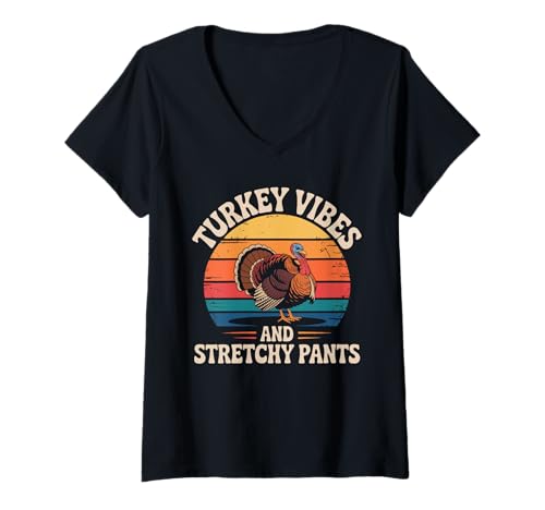 Damen Türkei Vibes und dehnbare Hose Retro Truthahn Herren Türkei T-Shirt mit V-Ausschnitt Damen Türkei Vibes und dehnbare Hose Retro Truthahn Herren Türkei T-Shirt mit V-Ausschnitt von Turkey Hunting Hunt Turkey Bird Hunting Season