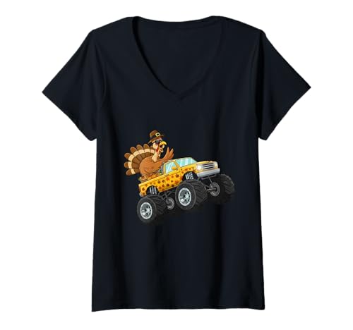 Damen Lustiges Erntedankfest Truthahn Reiten Monster Truck Jungen Kinder T-Shirt mit V-Ausschnitt Damen Lustiges Erntedankfest Truthahn Reiten Monster Truck Jungen Kinder T-Shirt mit V-Ausschnitt von Turkey Monster Truck Thanksgiving Day Clothings Mj