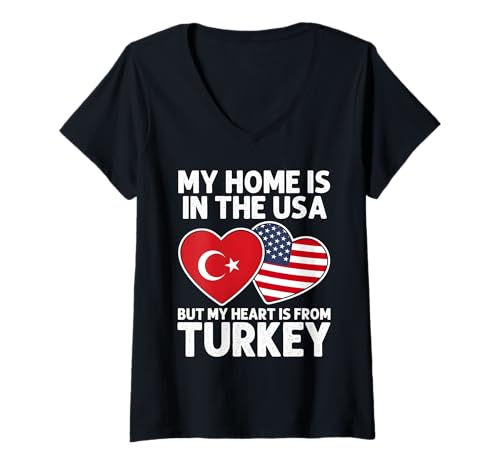 Damen My Home USA My Heart Türkei Türkisch Amerikanischer Stolz Flagge T-Shirt mit V-Ausschnitt Damen My Home USA My Heart Türkei Türkisch Amerikanischer Stolz Flagge T-Shirt mit V-Ausschnitt von Turkey Pride Flag Apparel