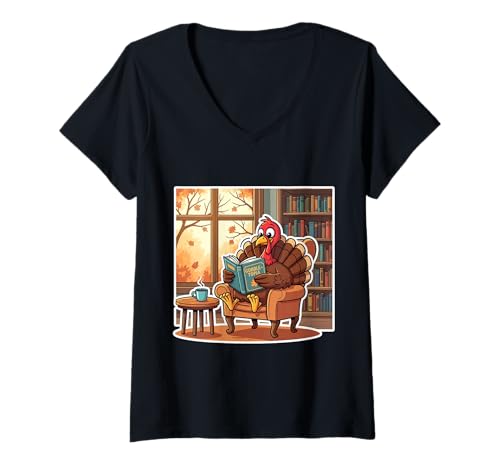 Damen Truthahn Lesebücher Herbst Herbst Thanksgiving Buchliebhaber T-Shirt mit V-Ausschnitt Damen Truthahn Lesebücher Herbst Herbst Thanksgiving Buchliebhaber T-Shirt mit V-Ausschnitt von Turkey Reading Books Autumn Fall Products