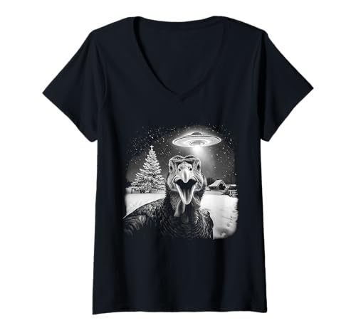 Damen Christmas Turkey Selfie UFO Funny Black & White Vintage T-Shirt mit V-Ausschnitt Damen Christmas Turkey Selfie UFO Funny Black & White Vintage T-Shirt mit V-Ausschnitt von Turkey Selfie Funny Vintage Black & White Graphics