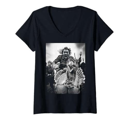 Damen Truthahn Selfie Lustig Schwarz & Weiß Thanksgiving Hungry Chase T-Shirt mit V-Ausschnitt Damen Truthahn Selfie Lustig Schwarz & Weiß Thanksgiving Hungry Chase T-Shirt mit V-Ausschnitt von Turkey Selfie Funny Vintage Black & White Graphics