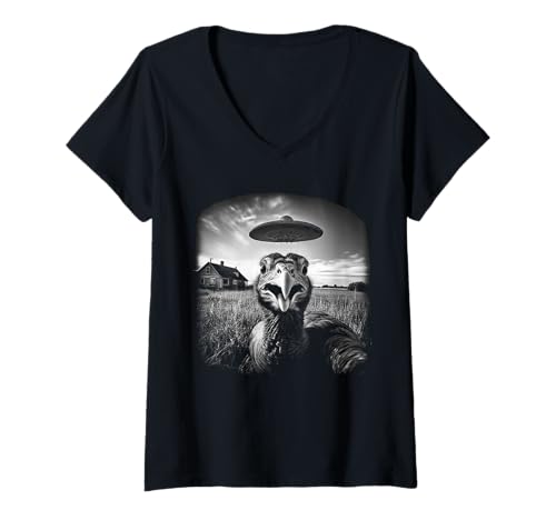 Damen Turkey Selfie UFO Funny Black & White Thanksgiving Vintage T-Shirt mit V-Ausschnitt Damen Turkey Selfie UFO Funny Black & White Thanksgiving Vintage T-Shirt mit V-Ausschnitt von Turkey Selfie Funny Vintage Black & White Graphics