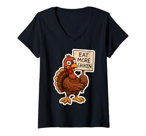 Damen Truthahn mit Schild Eat More Chiken lustiger Thanksgiving Witz T-Shirt mit V-Ausschnitt Damen Truthahn mit Schild Eat More Chiken lustiger Thanksgiving Witz T-Shirt mit V-Ausschnitt von Turkey Sign Eat More Chiken Thanksgiving Merch