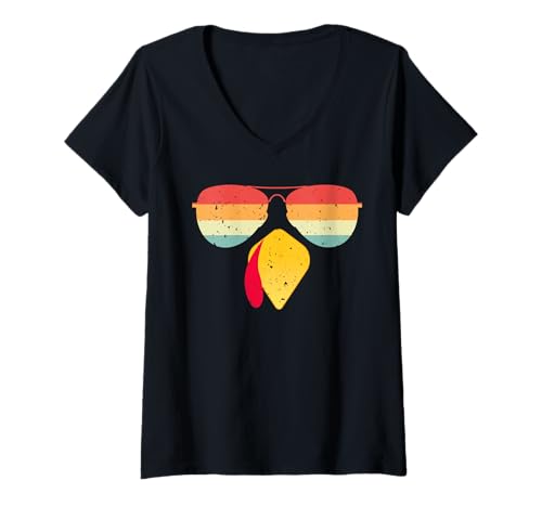 Damen Lustiges Truthahngesicht mit Retro-Brille, Cooles Erntedankgeschenk T-Shirt mit V-Ausschnitt von Turkey Sunglasses Vintage Thanksgiving Gift