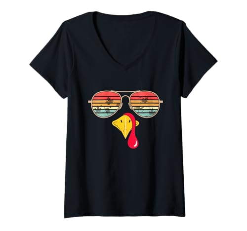 Damen Cooles Truthahn-Gesicht mit Sonnenbrille, lustiges Erntedankfest für Jungen T-Shirt mit V-Ausschnitt Damen Cooles Truthahn-Gesicht mit Sonnenbrille, lustiges Erntedankfest für Jungen T-Shirt mit V-Ausschnitt von Turkey Sunglasses Vintage Thanksgiving