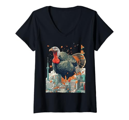 Damen Lustige Türkei Thanksgiving Day Kaiju Monster Japanisch T-Shirt mit V-Ausschnitt von Turkey Thanksgiving Day Kaiju Monster Clothing