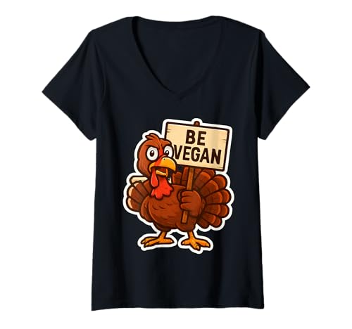 Damen Truthahn mit Schild Be Vegan Funny Thanksgiving Veganismus Witz T-Shirt mit V-Ausschnitt Damen Truthahn mit Schild Be Vegan Funny Thanksgiving Veganismus Witz T-Shirt mit V-Ausschnitt von Turkey With Sign Be Vegan Funny Thanksgiving Merch