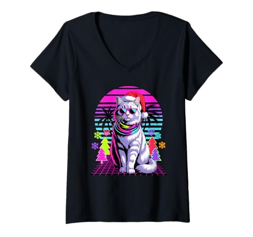 Damen Christmas Synthwave Turkish Angora Sunglasses Ankara Cat T-Shirt mit V-Ausschnitt von Turkish Angora Cat Lover Gifts