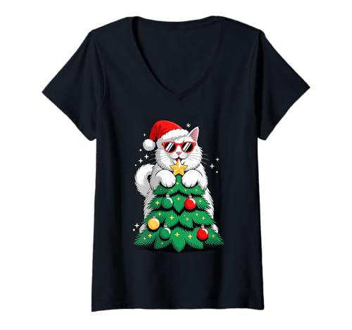 Damen Christmas Tree Turkish Angora Sunglasses Ankara Cat T-Shirt mit V-Ausschnitt von Turkish Angora Cat Lover Gifts
