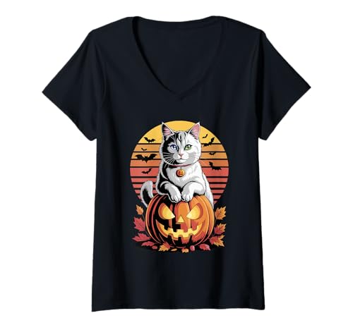 Damen Halloween Retro Turkish Angora Ankara Cat T-Shirt mit V-Ausschnitt von Turkish Angora Cat Lover Gifts