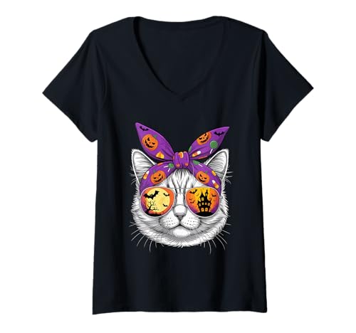 Damen Halloween Turkish Angora Bandana Ankara Cat T-Shirt mit V-Ausschnitt von Turkish Angora Cat Lover Gifts