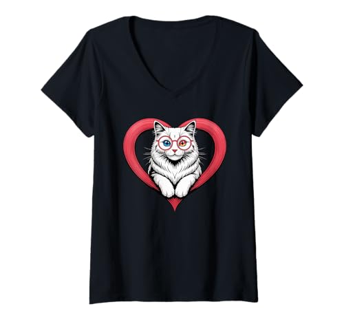 Damen Herz Turkish Angora Brille Ankara Cat T-Shirt mit V-Ausschnitt Damen Herz Turkish Angora Brille Ankara Cat T-Shirt mit V-Ausschnitt von Turkish Angora Cat Lover Gifts