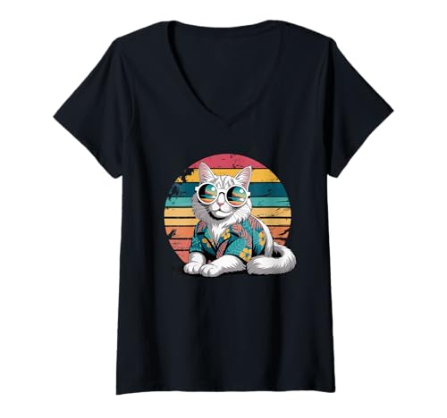 Damen Turkish Angora Cat Sonnenbrille Hawaii Strand Sommer T-Shirt mit V-Ausschnitt von Turkish Angora Cat Lover Gifts
