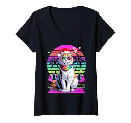 Damen Christmas Synthwave Turkish Van Sunglasses T-Shirt mit V-Ausschnitt Damen Christmas Synthwave Turkish Van Sunglasses T-Shirt mit V-Ausschnitt von Turkish Van Lover Gifts