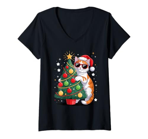 Damen Christmas Tree Turkish Van Sunglasses T-Shirt mit V-Ausschnitt von Turkish Van Lover Gifts