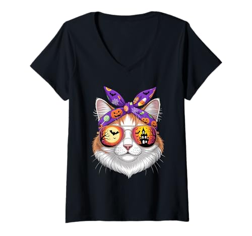 Damen Halloween Bandana Turkish Van T-Shirt mit V-Ausschnitt von Turkish Van Lover Gifts