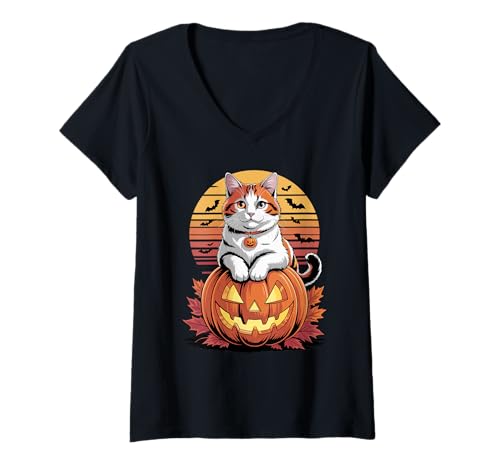 Damen Halloween Retro Turkish Van T-Shirt mit V-Ausschnitt Damen Halloween Retro Turkish Van T-Shirt mit V-Ausschnitt von Turkish Van Lover Gifts