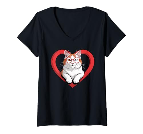 Damen Herz Turkish Van Brille T-Shirt mit V-Ausschnitt von Turkish Van Lover Gifts