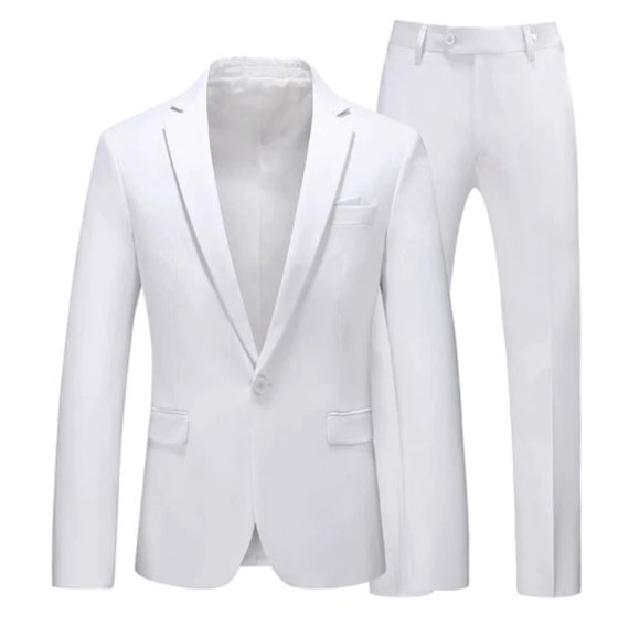 Zwei Stück Schlichter Kerbkragen Monokragen Doppelschlitz Weste Abschlussball Hochzeit Formal Baumwolle Slim Fit Weiß Herren Anzug von TurkishSuit