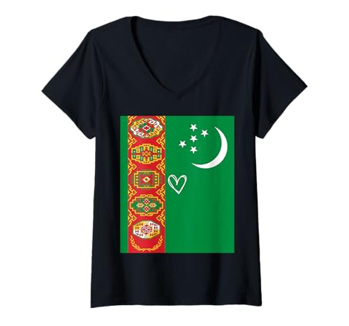 Damen Turkmenistan-Flagge, Turkmenisches Herz, stolz, Nationalfeiertag T-Shirt mit V-Ausschnitt von Turkmenistan Flag Turkmen National Day Gifts Idea