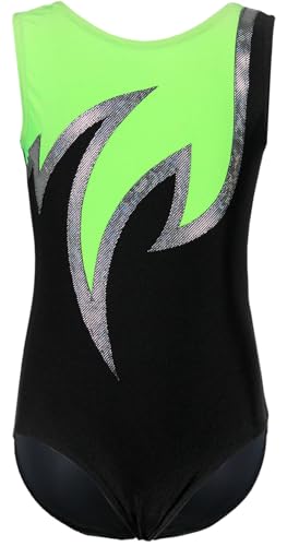 Turnanzug JAVA Spezial Glanz LYCRA Mädchen Gymnastikanzug kurzarm Kinder Turnbody ärmellos Turntrikot Farbe Schwarz - Silber - GRÜN, Größe 140 von GymStern