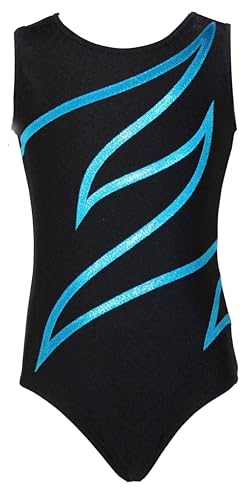 Turnanzug Plamak Basic Glanz Lycra Mädchen Gymnastikanzug KURZARM Kinder Turnbody ärmellos Farbe Schwarz/Türkis, Größe 152 von GymStern