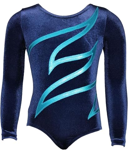 Turnanzug Plamak Basic Nicki Samt & Glitzerlycra Mädchen Gymnastikanzug LANGARM Kinder Turnbody langärmlich in Dunkelblau & Türkis Größe 128 von GymStern