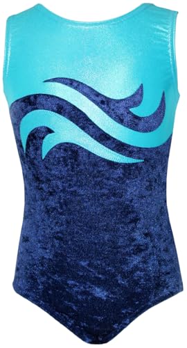 Turnanzug WELLE CRASH Samt Mädchen Gymnastikanzug kurzarm Kinder Turnbody ärmellos Turntrikot Farbe DUNKELBLAU/TÜRKIS, Größe 170/176 von GymStern