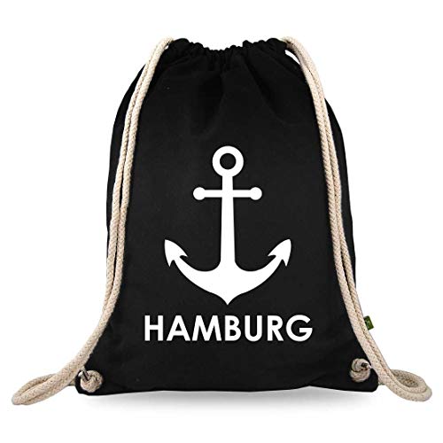 Turnbeutelliebe® Turnbeutel mit Motiv - Hamburg Anker - Baumwolle schwarz - Sportbeutel - Rucksack - Stoffbeutel - Gym Bag - ca. 12 Liter - 37 x 46 cm von Turnbeutelliebe