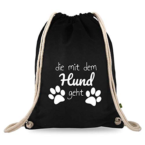 Turnbeutelliebe® Turnbeutel mit Spruch - Die mit dem Hund geht - Baumwolle schwarz - Sportbeutel - Rucksack - Stoffbeutel - ca. 12 Liter - 37 x 46 cm von Turnbeutelliebe