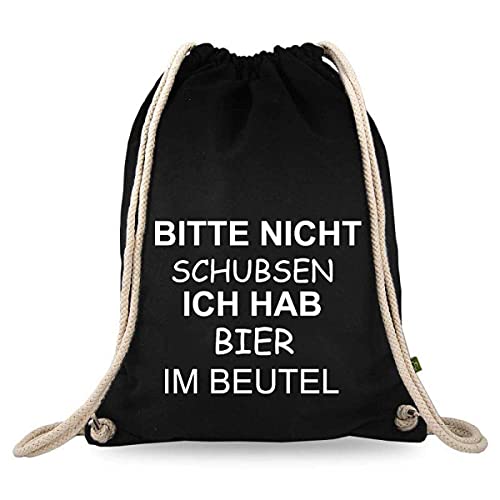 Turnbeutelliebe® Turnbeutel mit Spruch - Modern - Lustig - Neu - Frauen - Männer - Kinder - Baumwolle schwarz - Sportbeutel - Rucksack - Stoffbeutel (Bitte Nicht schubsen ich hab Bier im Beutel) von Turnbeutelliebe