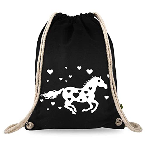 Turnbeutelliebe® Turnbeutel mit Spruch - Pferd Pferdefreunde - Pferde - Festival - Baumwolle schwarz - Sportbeutel - Rucksack - Stoffbeutel - 12 Liter - 37 x 46 cm (Pferd Herzen Liebe) von Turnbeutelliebe