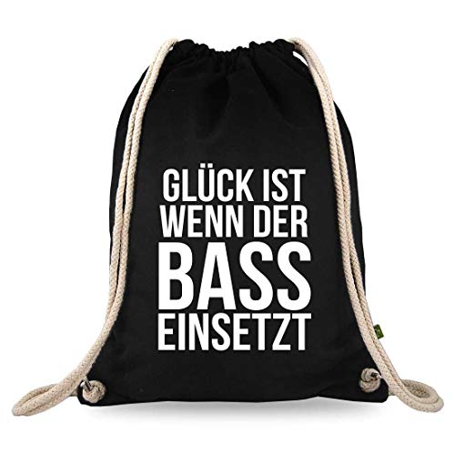 Turnbeutelliebe® Turnbeutel mit Spruch - Techno-Musik - verschiedene Motive - Baumwolle schwarz - Sportbeutel - Rucksack - ca. 12 Liter - 37 x 46 cm (Glück ist wenn der Bass einsetzt) von Turnbeutelliebe