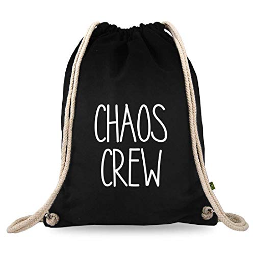 Turnbeutelliebe® Turnbeutel mit Spruch - Techno-Musik - verschiedene Motive - Baumwolle schwarz - Sportbeutel - Rucksack - ca. 12 Liter - 37 x 46 cm (Chaos Crew) von Turnbeutelliebe