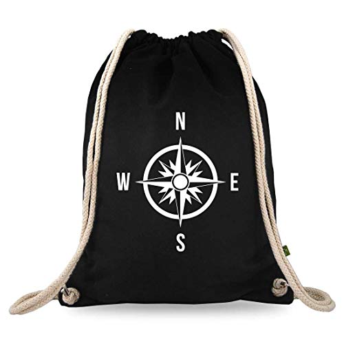 Turnbeutelliebe® Turnbeutel mit Spruch - Weltentdecker - Verschiedene Motive - Baumwolle schwarz - Sportbeutel - Rucksack - ca. 12 Liter - 37 x 46 cm (Kompass) von Turnbeutelliebe