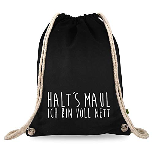 Turnbeutelliebe® Turnbeutel mit Spruch - halts Maul ich bin voll nett - Baumwolle schwarz - Sportbeutel - Rucksack - Bag - ca. 12 Liter - 37 x 46 cm von Turnbeutelliebe