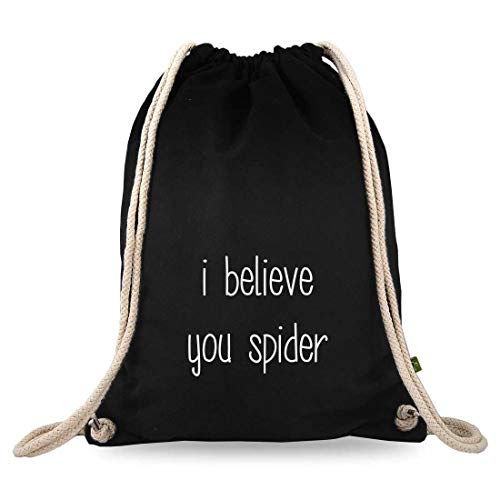 Turnbeutelliebe® Turnbeutel mit Spruch - lustige Denglisch Sprüche - bedruckt - Baumwolle schwarz - Sportbeutel - Rucksack - ca. 12 Liter - 37 x 46 cm (I Believe You Spider) von Turnbeutelliebe