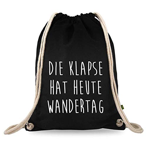 Turnbeutelliebe® Turnbeutel mit Spruch - lustige Motive & Sprüche - bedruckt - Baumwolle schwarz - Sportbeutel - Rucksack - ca. 12 Liter - 37 x 46 cm (Die Klapse hat Heute Wandertag) von Turnbeutelliebe