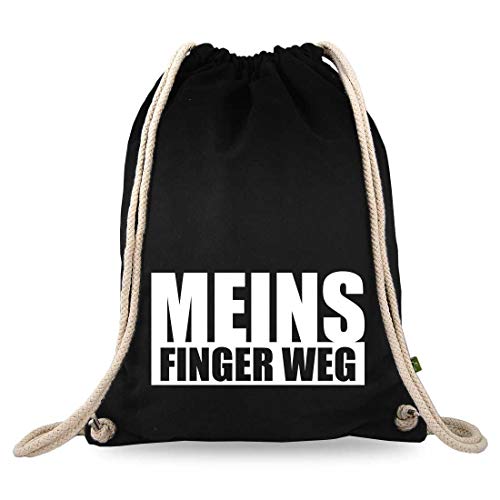 Turnbeutelliebe® Turnbeutel mit Spruch - lustige Motive & Sprüche - bedruckt - Baumwolle schwarz - Sportbeutel - Rucksack - ca. 12 Liter - 37 x 46 cm (Meins Finger Weg) von Turnbeutelliebe