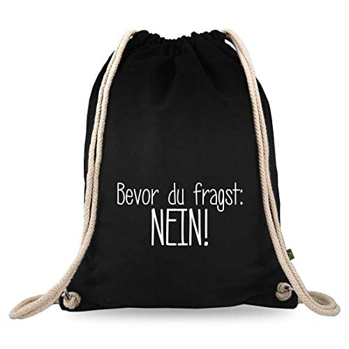 Turnbeutelliebe® Turnbeutel mit Spruch - lustige Motive & Sprüche - bedruckt - Baumwolle schwarz - Sportbeutel - Rucksack - ca. 12 Liter - 37 x 46 cm (Bevor du fragst: Nein) von Turnbeutelliebe