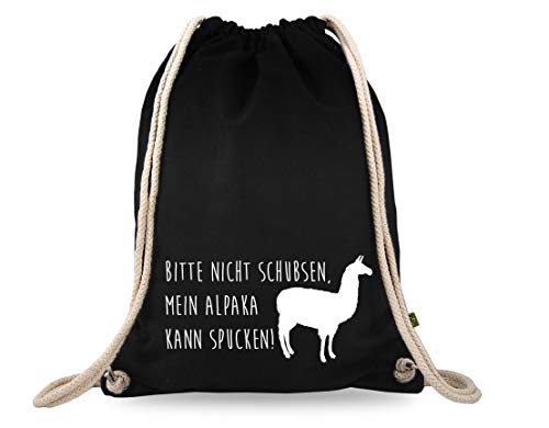 Turnbeutelliebe® Turnbeutel mit Spruch - lustige Motive Sprüche - bedruckt - Baumwolle schwarz - Sportbeutel - Rucksack - ca. 12 Liter - 37 x 46 cm (Bitte Nicht schubsen, Mein Alpaka kann Spucken) von Turnbeutelliebe