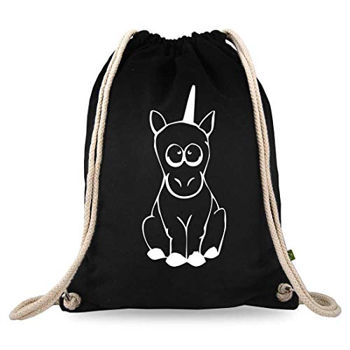 Turnbeutelliebe® Turnbeutel mit Spruch - lustige Motive & Sprüche - bedruckt - Baumwolle schwarz - Sportbeutel - Rucksack - ca. 12 Liter - 37 x 46 cm (Einhorn ) von Turnbeutelliebe