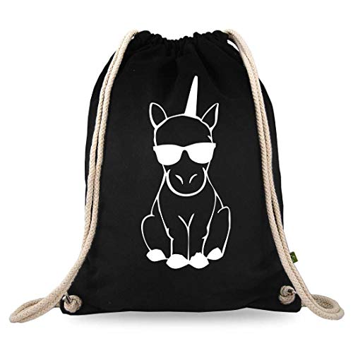 Turnbeutelliebe® Turnbeutel mit Spruch - lustige Motive & Sprüche - bedruckt - Baumwolle schwarz - Sportbeutel - Rucksack - ca. 12 Liter - 37 x 46 cm (Einhorn Sonnenbrille) von Turnbeutelliebe