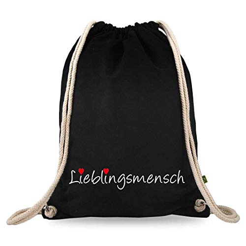 Turnbeutelliebe® Turnbeutel mit Spruch - lustige Motive & Sprüche - bedruckt - Baumwolle schwarz - Sportbeutel - Rucksack - ca. 12 Liter - 37 x 46 cm (Lieblingsmensch) von Turnbeutelliebe