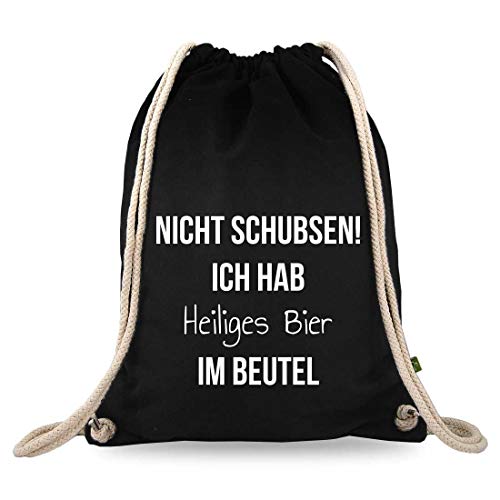 Turnbeutelliebe® Turnbeutel mit Spruch - lustige Sprüche - bedruckt - Baumwolle schwarz - Sportbeutel - Rucksack - ca. 12 Liter - 37 x 46 cm (Nicht schubsen ich hab heiliges Bier im Beutel) von Turnbeutelliebe