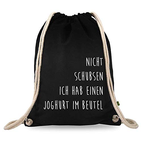 Turnbeutelliebe® Turnbeutel mit Spruch - verschiedene Designs - bedruckt - Baumwolle schwarz - Sportbeutel - Rucksack - ca. 12 Liter - 37 x 46 cm (Nicht schubsen ich hab einen Joghurt ) von Turnbeutelliebe