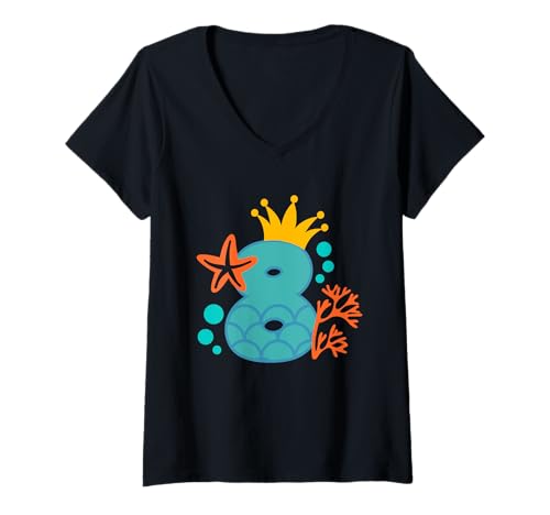 Damen Nummer 8 mit Meerjungfrau Thema – 8. Geburtstag Party T-Shirt mit V-Ausschnitt von TurningEight