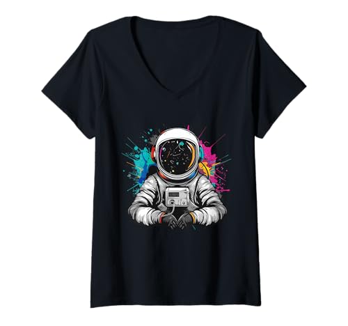 Damen DJ Astronaut Splash Music Kopfhörer Dance Club Techno EDM T-Shirt mit V-Ausschnitt Damen DJ Astronaut Splash Music Kopfhörer Dance Club Techno EDM T-Shirt mit V-Ausschnitt von Turntable DJ Music Animals
